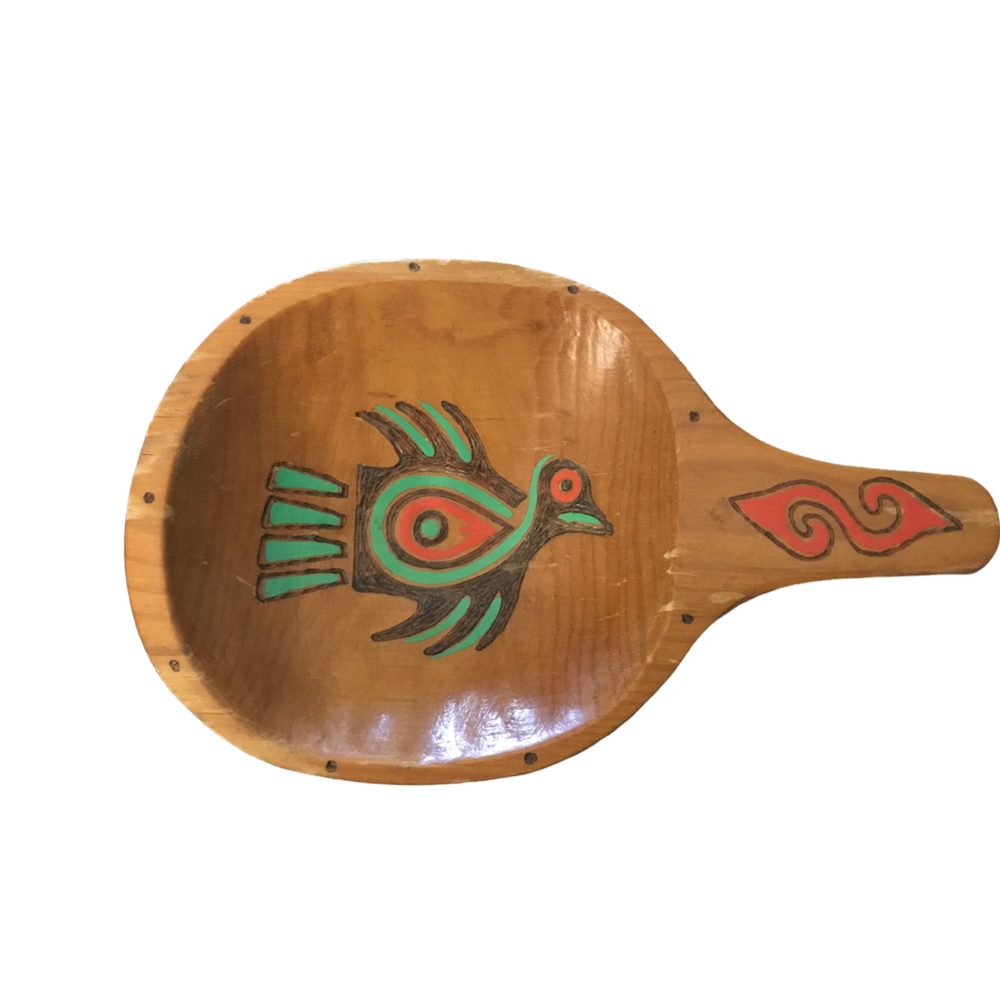 Hand Painted Folk Art Bird Wood Short Handle Dish Bowl